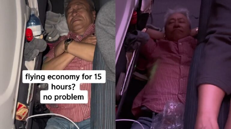Watch: Carefree Asian dad sleeping on plane floor wins praise on TikTok