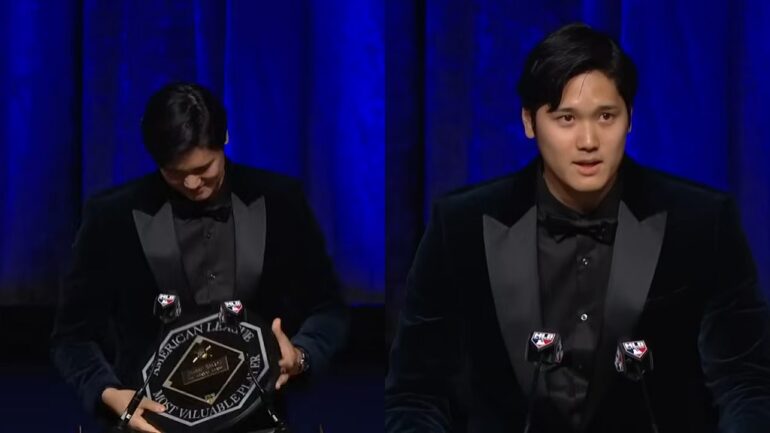 Shohei Ohtani thanks Angels, Dodgers in rare English speech for MVP award