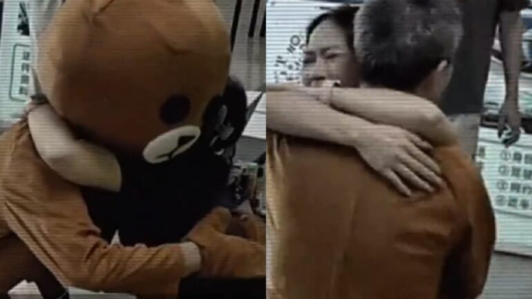 Chinese dad wearing a bear costume for working daughter tugs netizens’ heartstrings